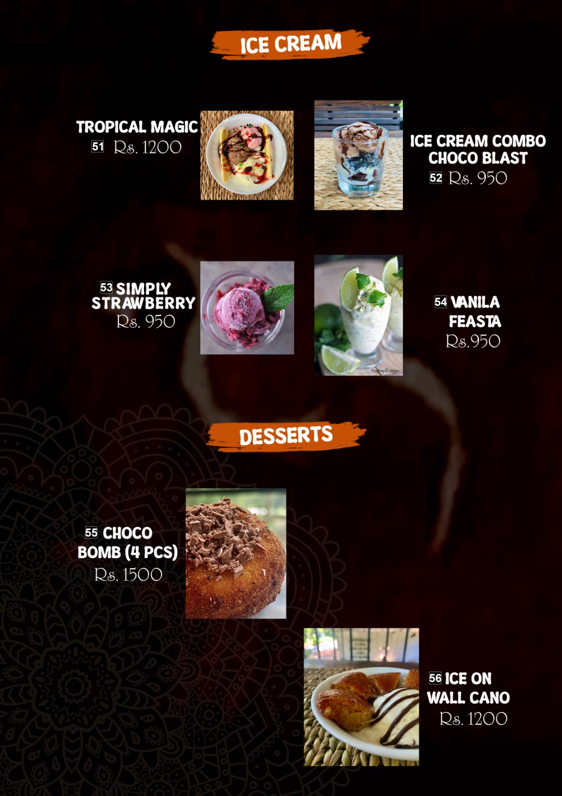 Hambu Café menu board — Ice Cream and Desserts page listing Tropical Magic, Choco Blast Combo, Simply Strawberry, Vanilla Feasta, Choco Bomb and Ice on Wall Cano with prices